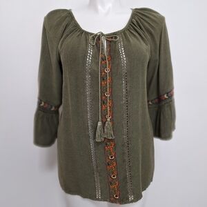 South Main Olive Green Bohemian Bell Sleeve Embroidered Peasant Blouse Size L